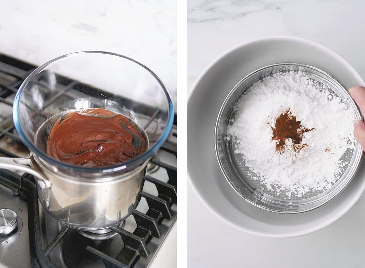 A bowl of melted chocolate hanging over a pot of hot water and a bowl with sugar and cocoa powder being sifted. 