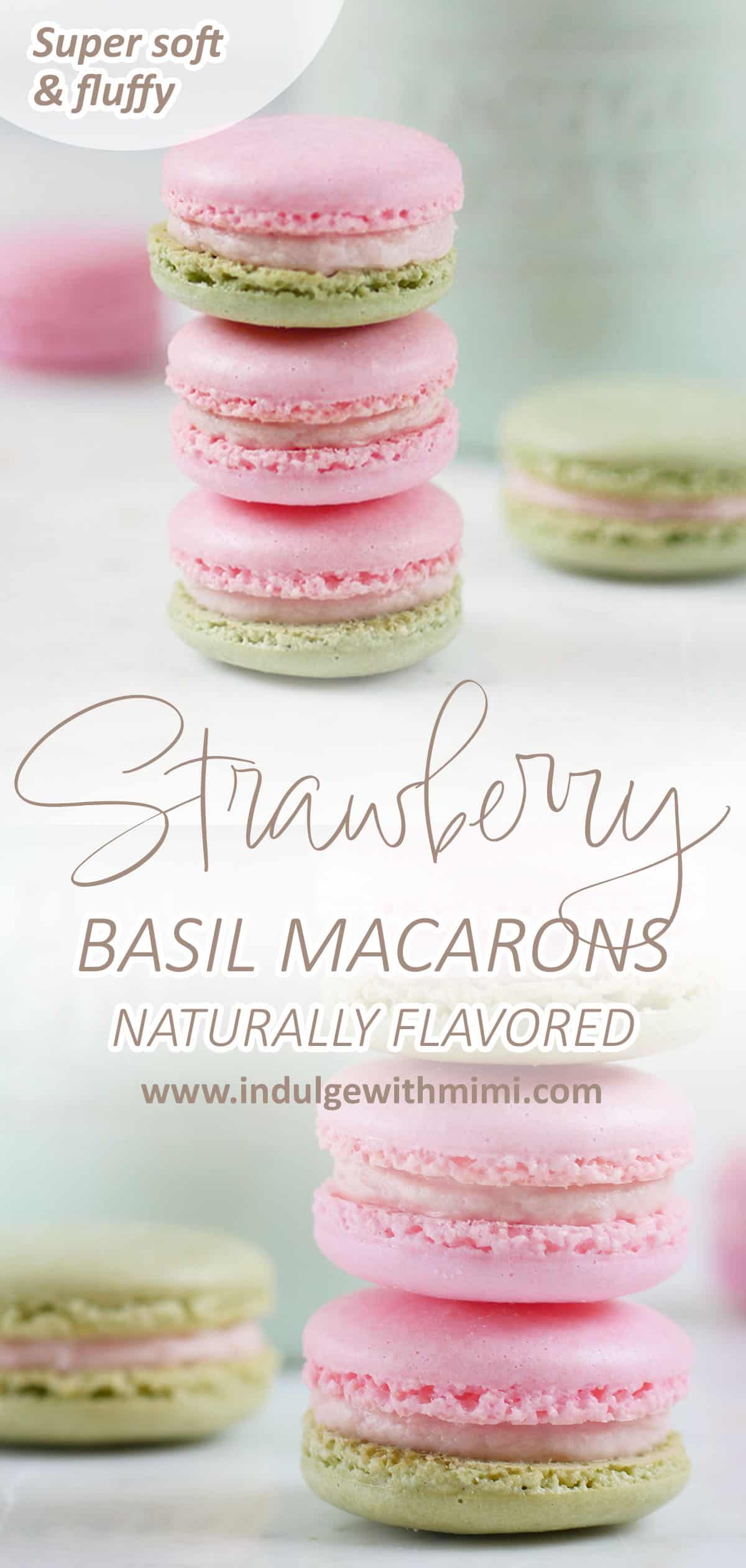 Stack of strawberry basil macarons on a counter. 