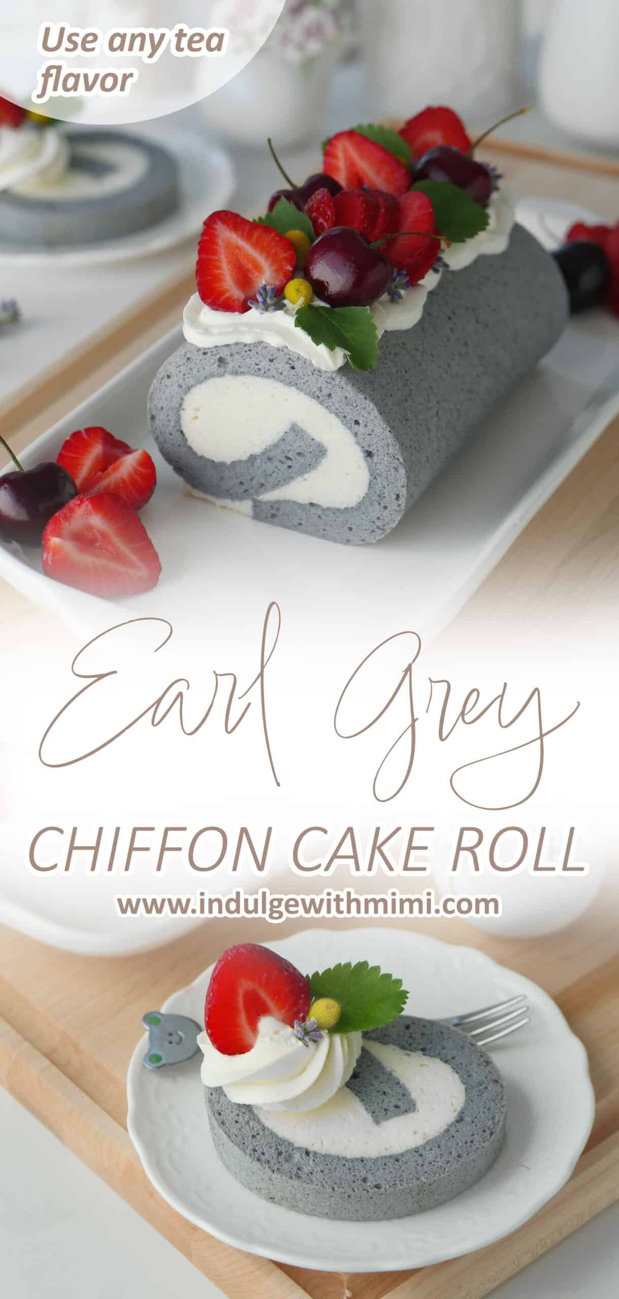 A grey colored Earl Grey tea cake roll is on a plate adorned with strawberries. Below is a close up of a slice of the cake.