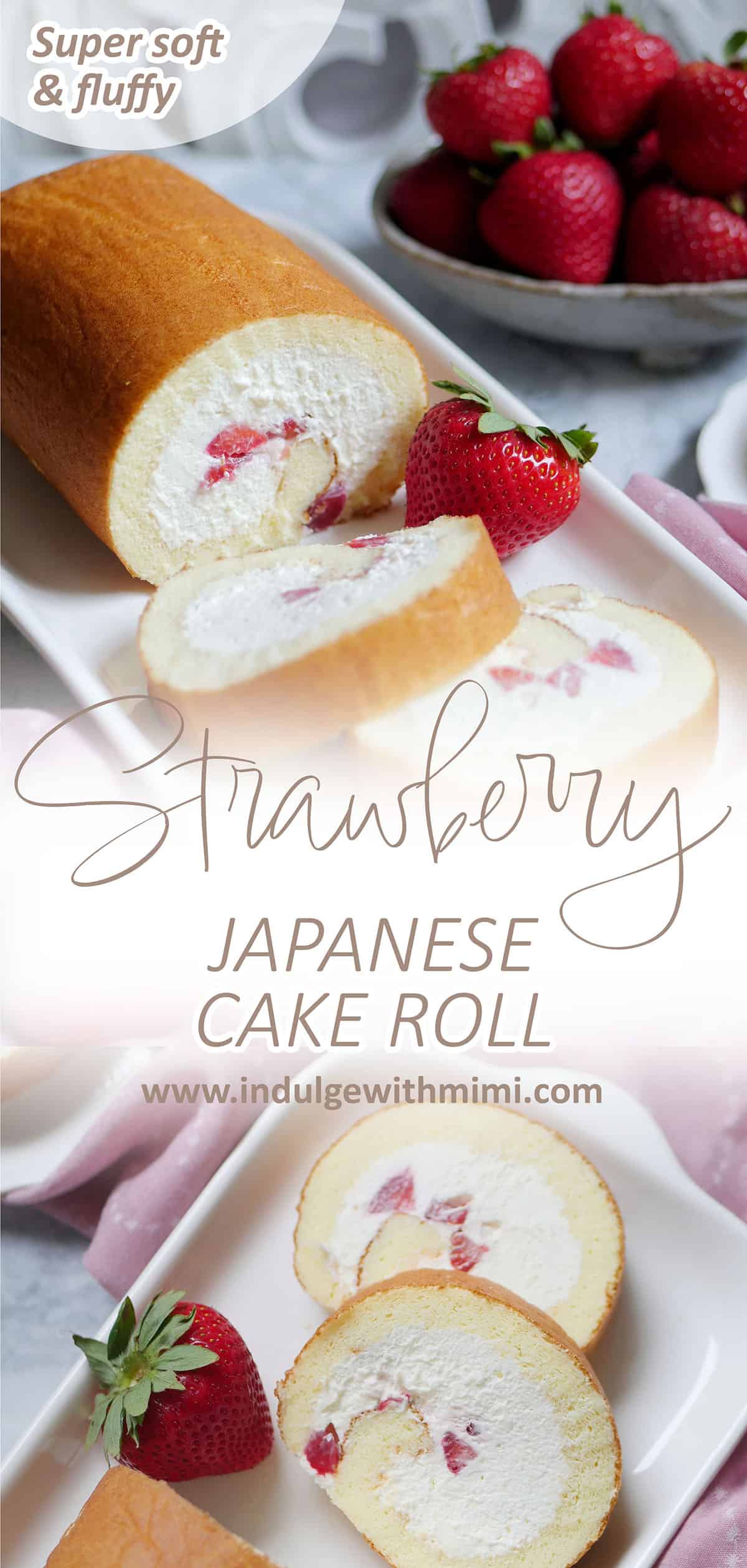 Strawberry cake roll cut open and presented on a long dish. 