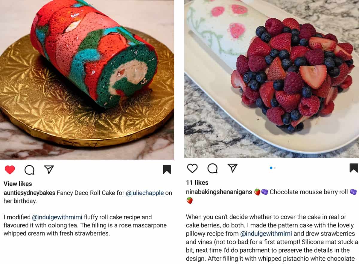 A photo of an art deco pattern cake roll and another photo of a strawberry printed cake roll adorned with berries. 