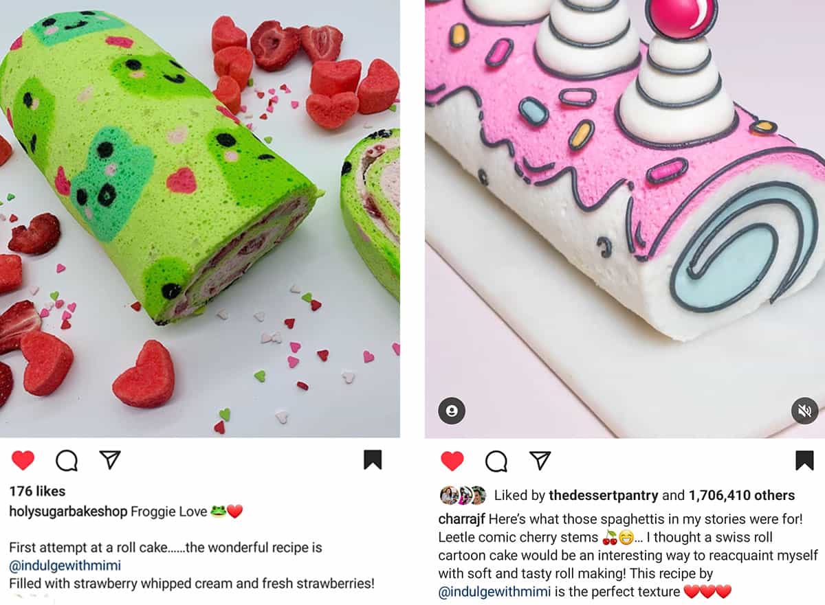 A photo of a cake roll with frogs printed on and another photo of a trendy 3D cake roll. 