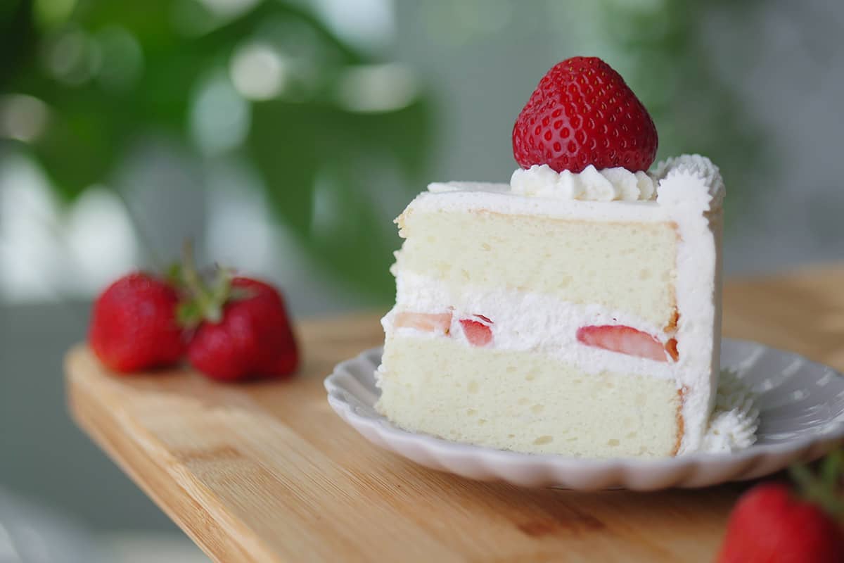 Close up of a cross section of chiffon cake revealing small fine open crumbs. 