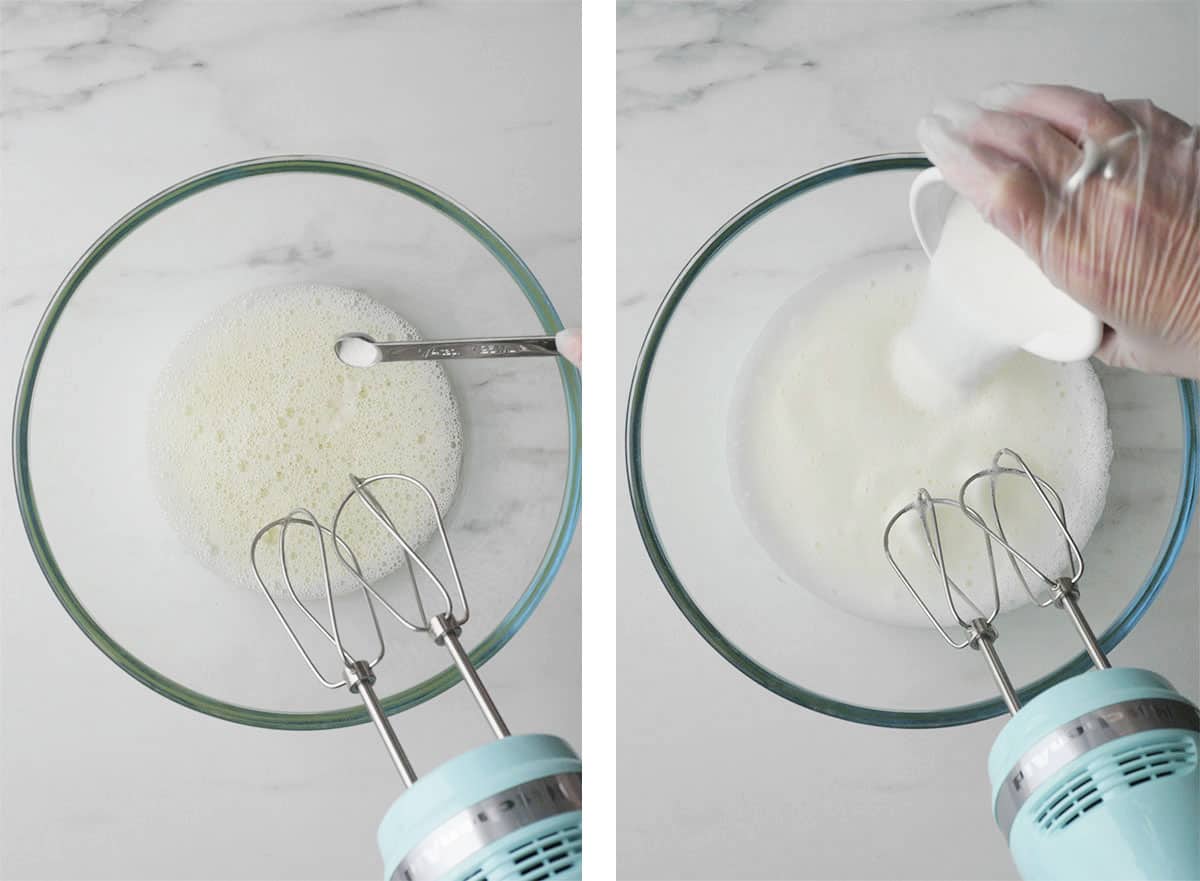 Cream of tartar and sugar are being added to egg whites that are being whipped. 