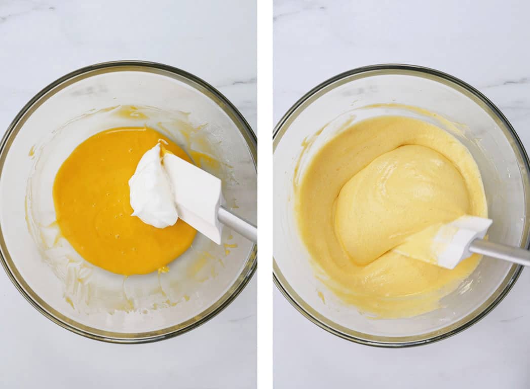 In a large bowl, white meringue is added into a bowl filled with yellow flour-egg yolk mixture. Next picture shows the two mixtures have become one homogenous batter. 
