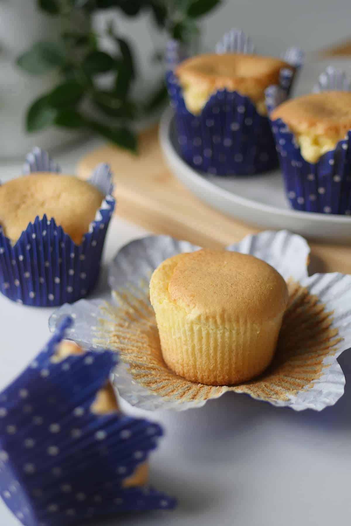 A close up of unwrapped Hong Kong bakery cupcake showing its golden skin. 