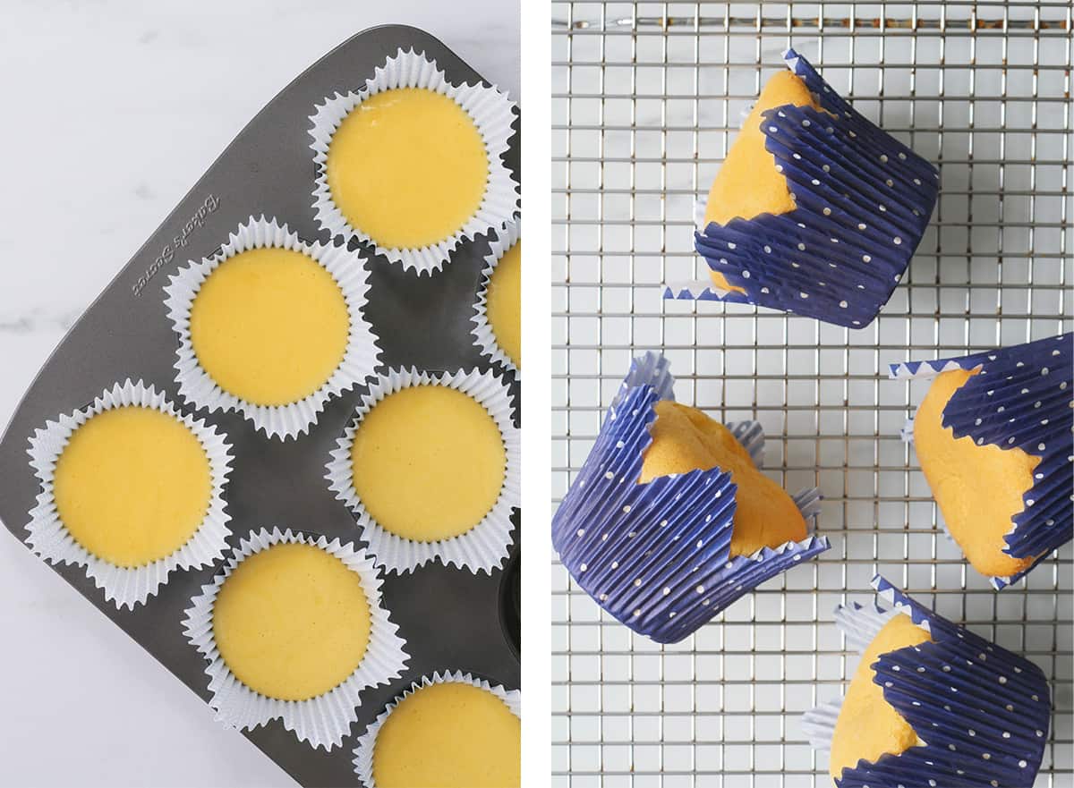 Cupcake tray full of cupcake wrappers filled with Chinese cupcake batter. The picture to the right is fully baked cupcakes laid on its side on a cooling rack. 