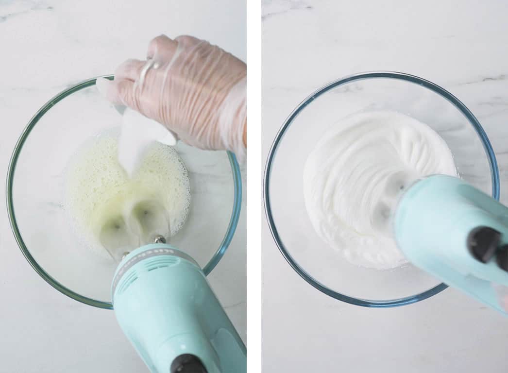 In a glass bowl, a handheld mixer is whipping egg whites for Chinese cupcakes. 