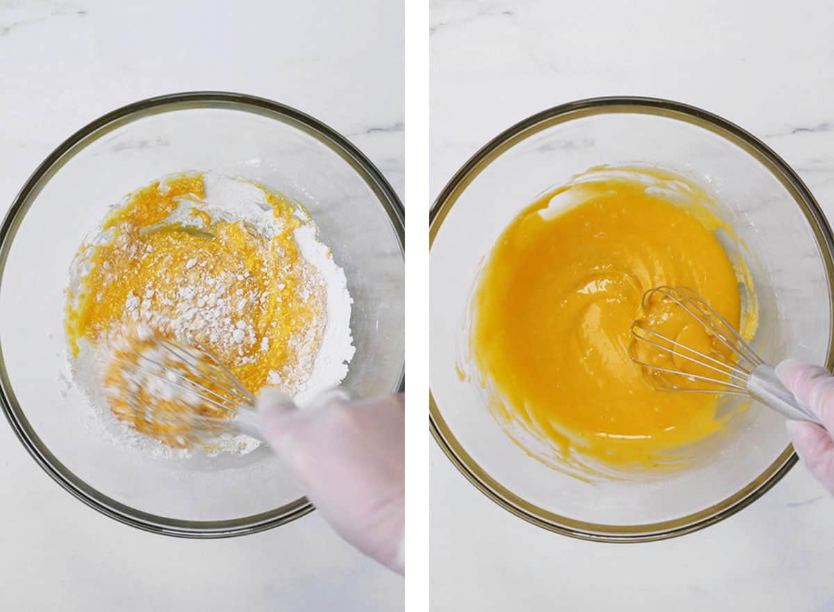 In a large bowl, flour and cake batter mixture are being stirred together. 