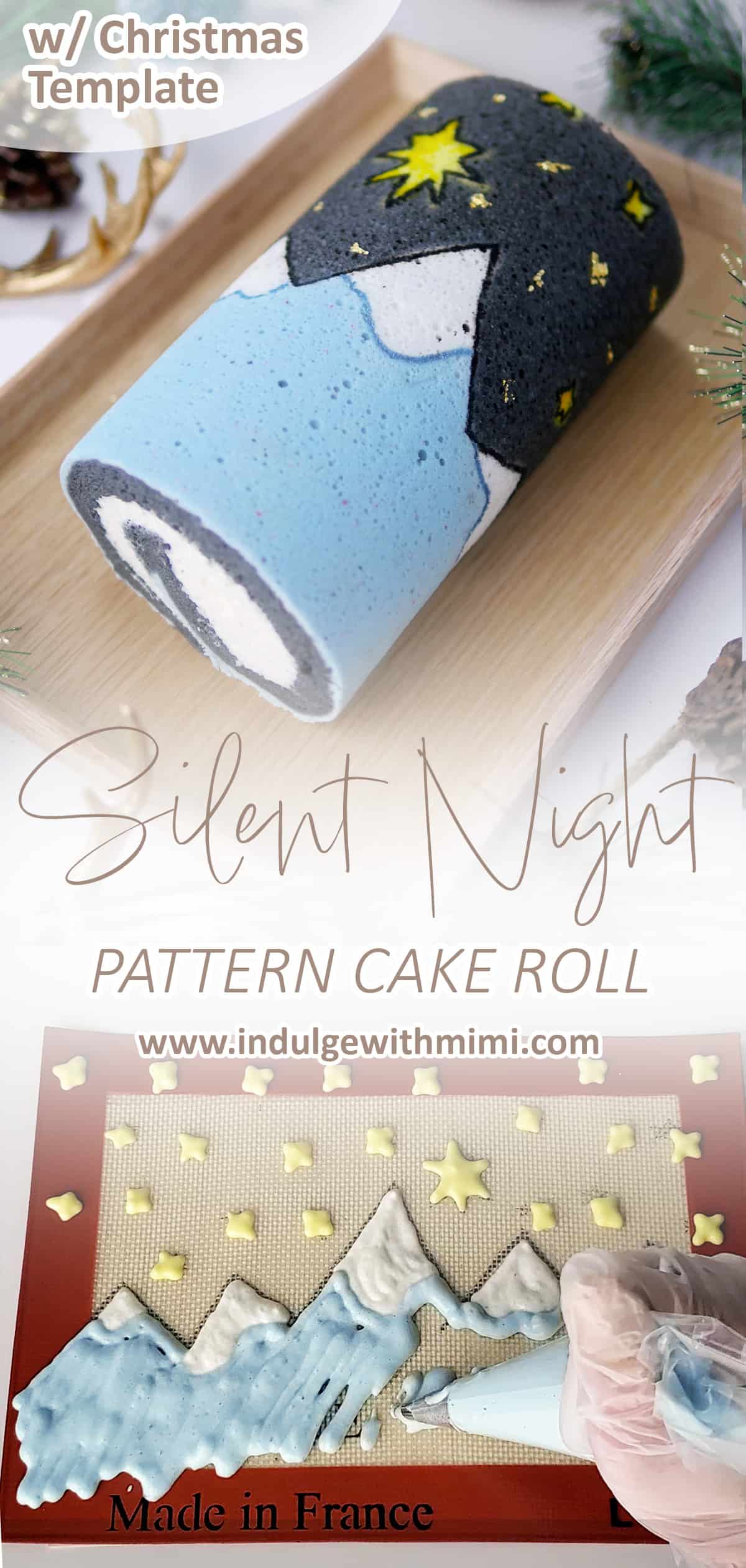 A cake roll with a Christmas theme of snow-capped mountains and glittery stars in the night sky is on a wooden serving tray. 