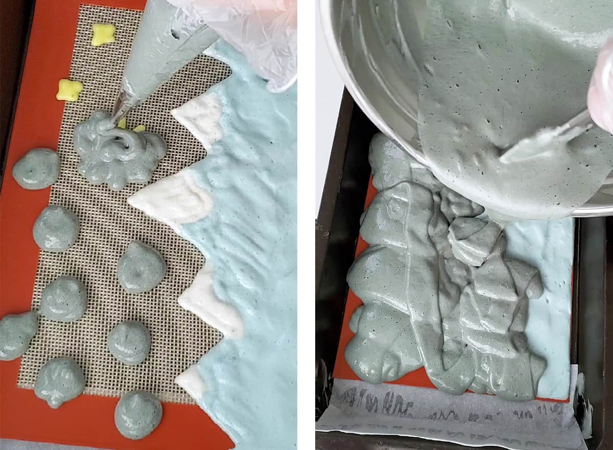 Cake batter is being poured into a cake pan lined with a Christmas design piped with pattern paste. 