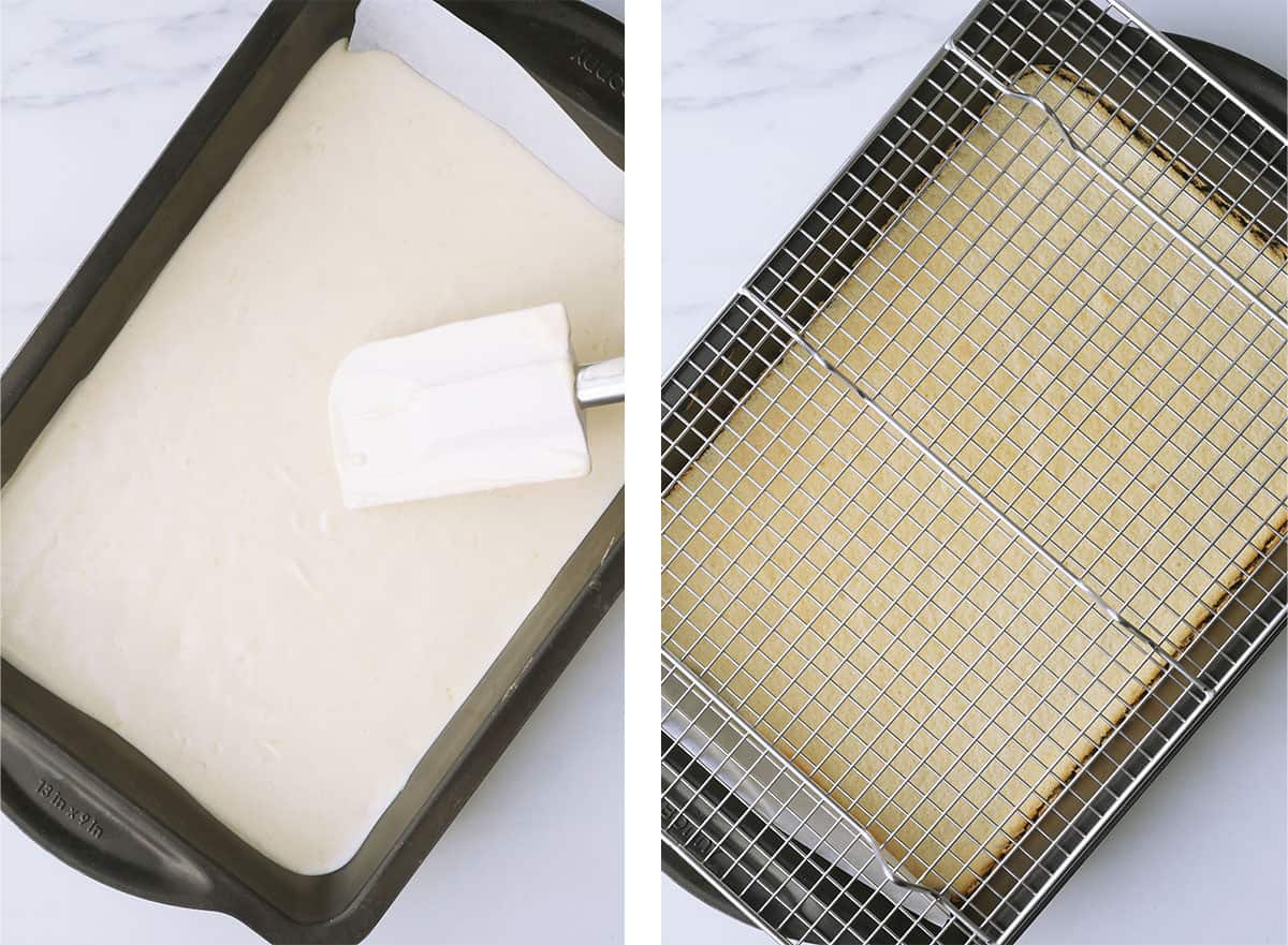 The batter is being spread out into a rectangular cake pan, next picture shows a cake tray placed over the cake pan. 