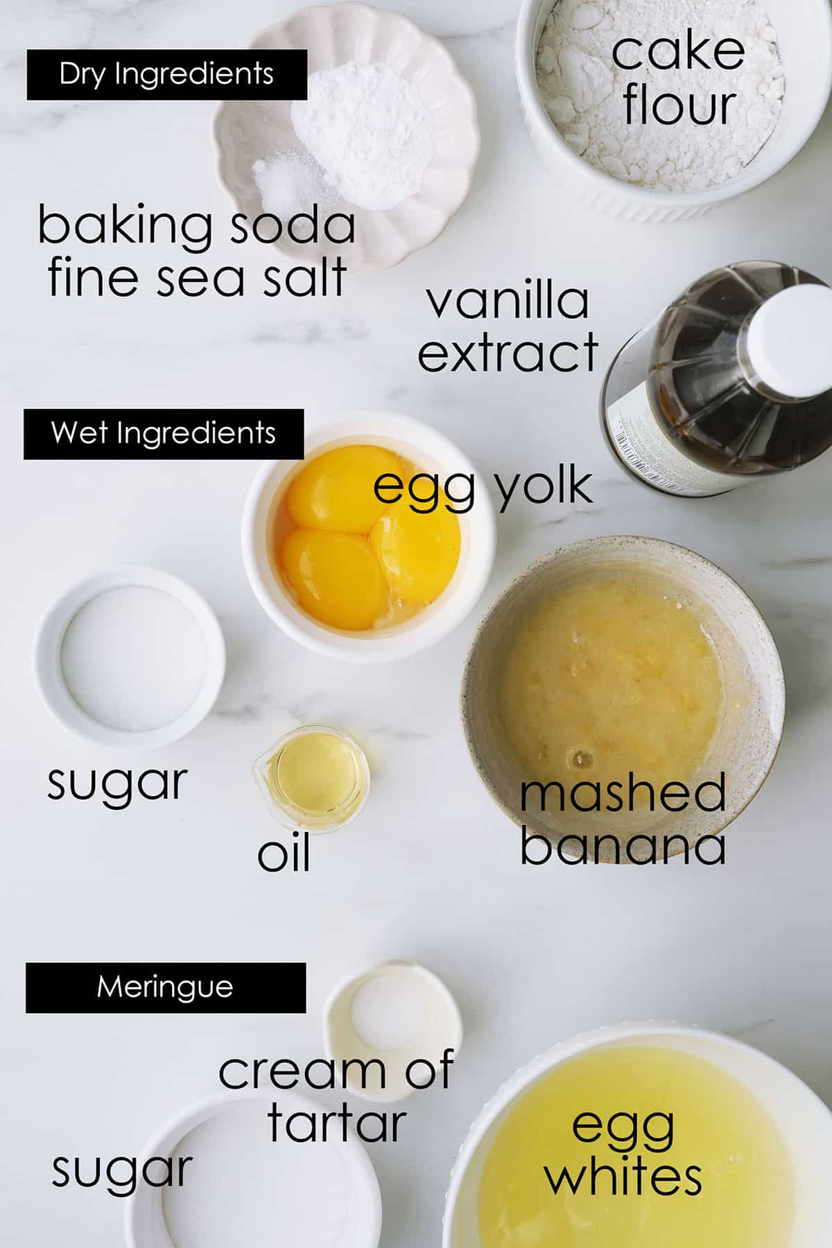 Ingredients to make a banana cake base are laid out on a counter. 