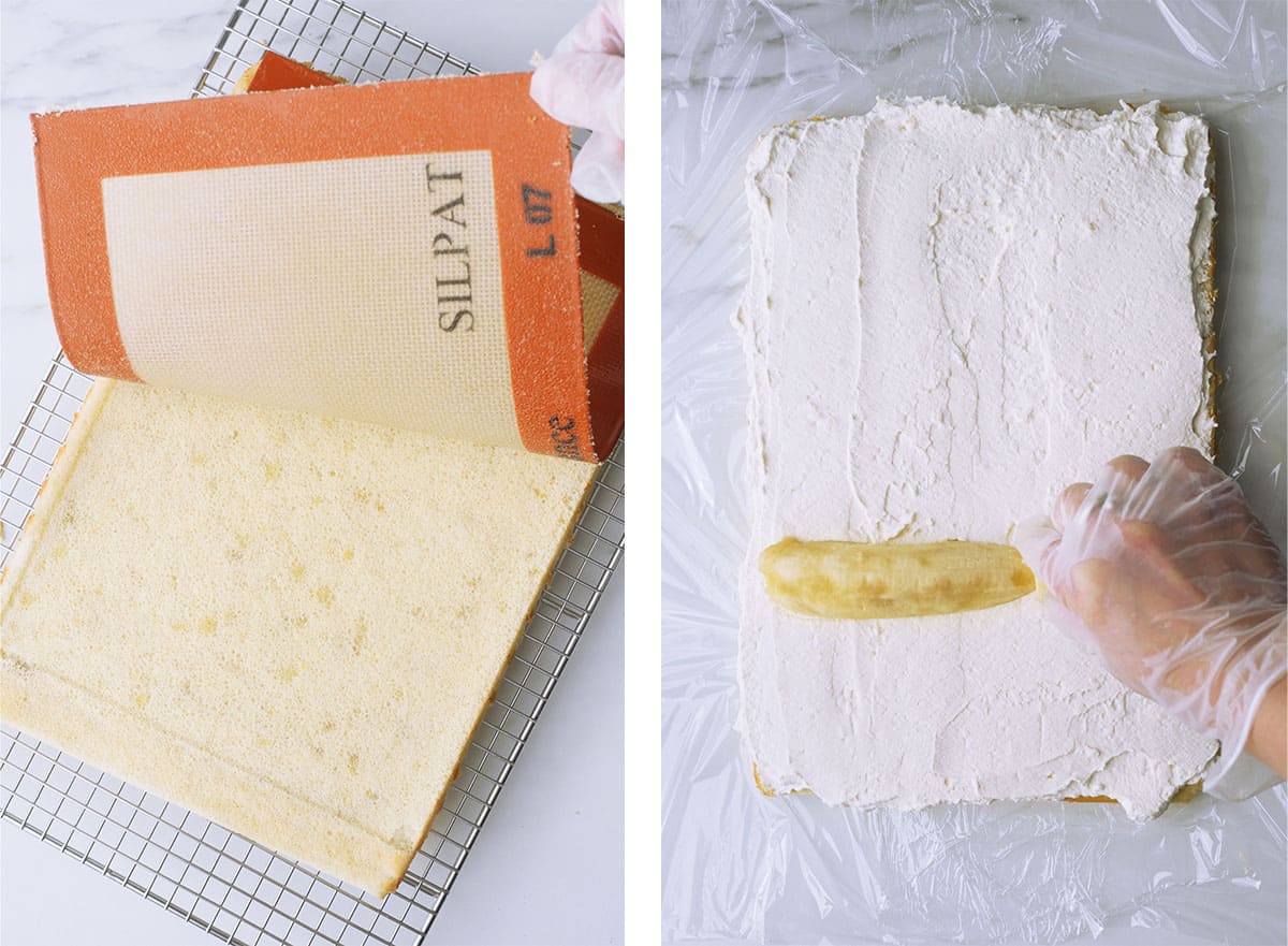 A hand is pulling back the silicone mat to reveal a delicious banana cake in sheet form, next picture shows whipped cream on the sheet cake with a whole banana placed on it. 