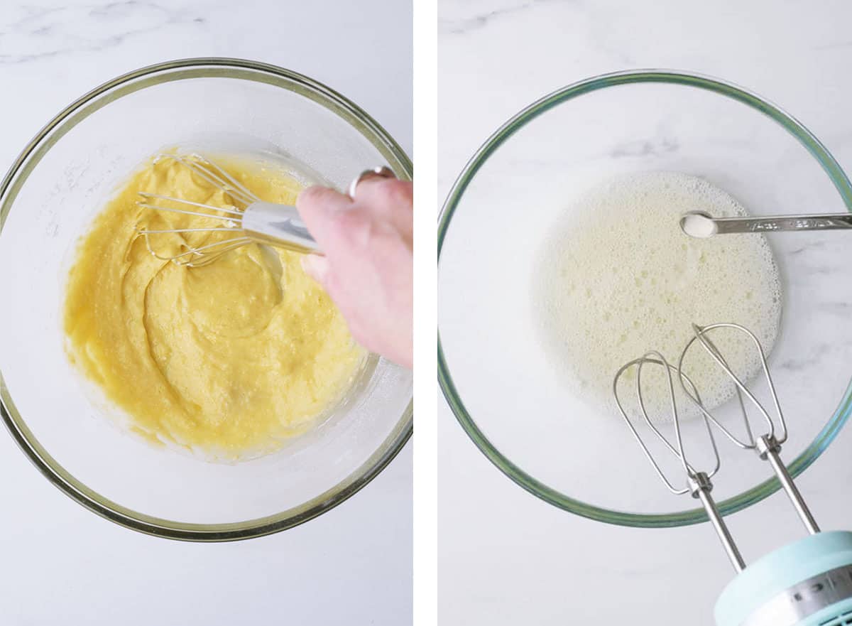 A hand is stirring the batter together with a whisk, next picture shows egg whites whipped to foam stage.