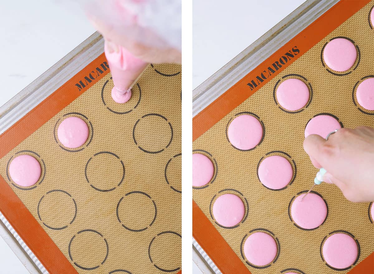 Pink macaron batter is piped onto a silicon baking mat. In the next photo big bubbles in the batter is being popped by a scribe. 