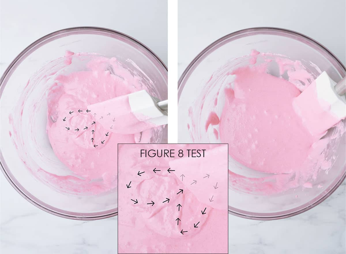 The macaron batter is now smooth. The batter is shown to have left a "figure-8" pattern after being dropped from a spatula. 