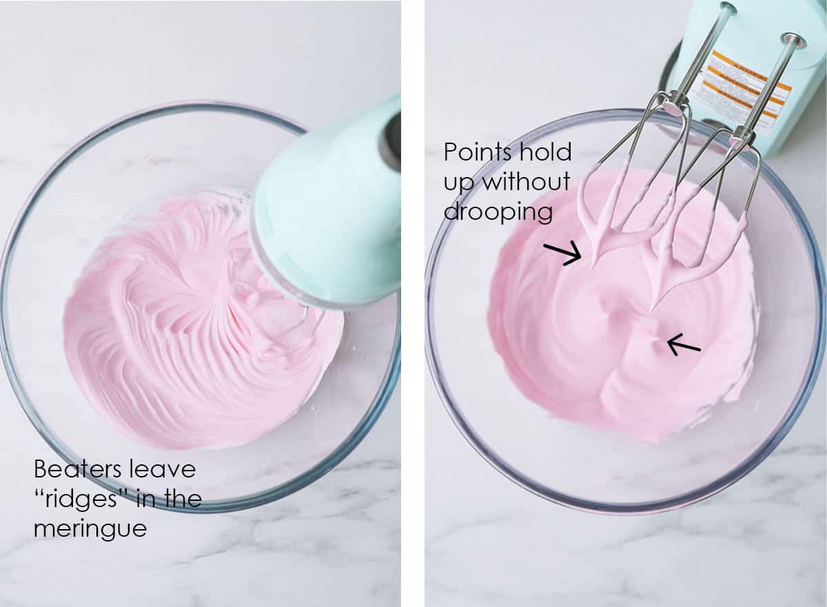 Egg whites are now pink, the beaters are leaving ridges inside it. In the next photo, the beaters have been pulled out and the egg whites have points that are stiff and don't fall. 