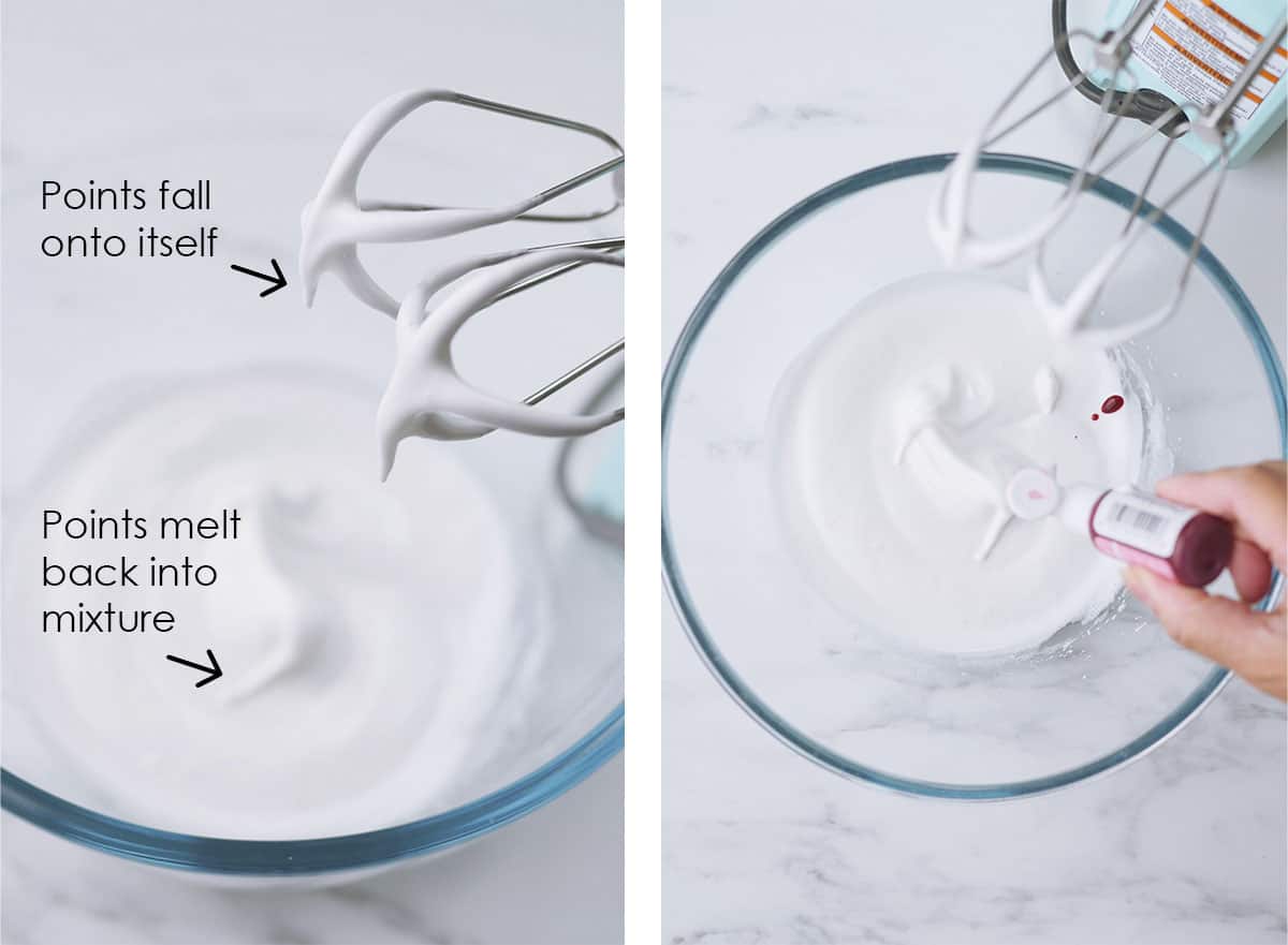 Egg whites that are falling off the beaters have points that droop down. In the next photo, gel color is being added into egg whites at soft peaks. 