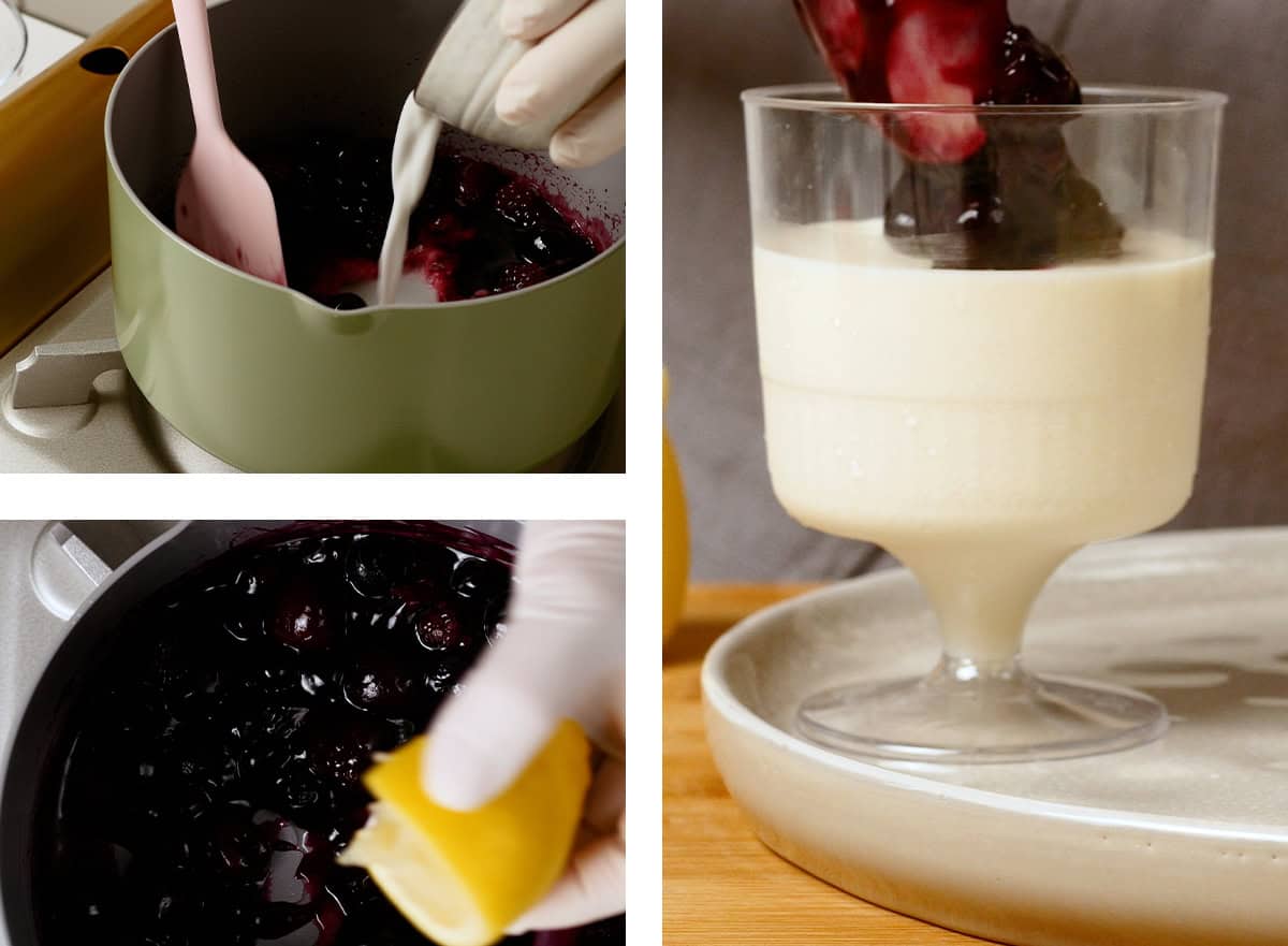 Cornstarch mixture is being added into the berry sauce. The berry sauce is then added on top of the now set panna cotta. 