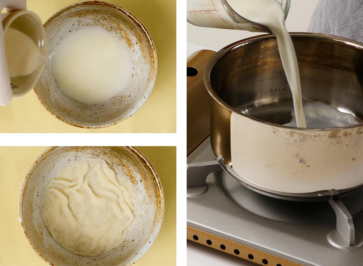 Gelatin powder is being sprinkled on top of milk to bloom. Milk is being poured into a small pot on heat. 