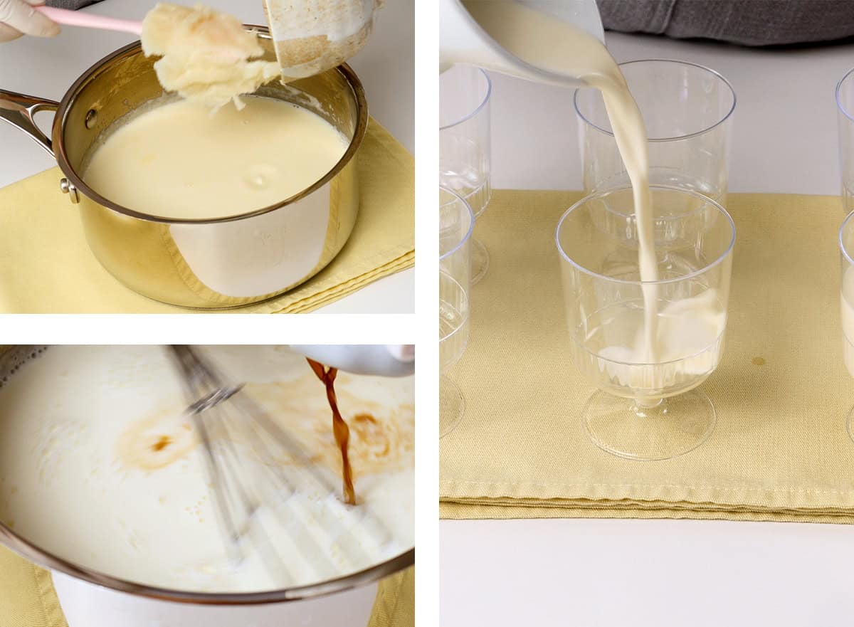 The now bloomed gelatin and vanilla is being added into the mixture in the pan. The panna cotta mixture is being poured into mini cups. 