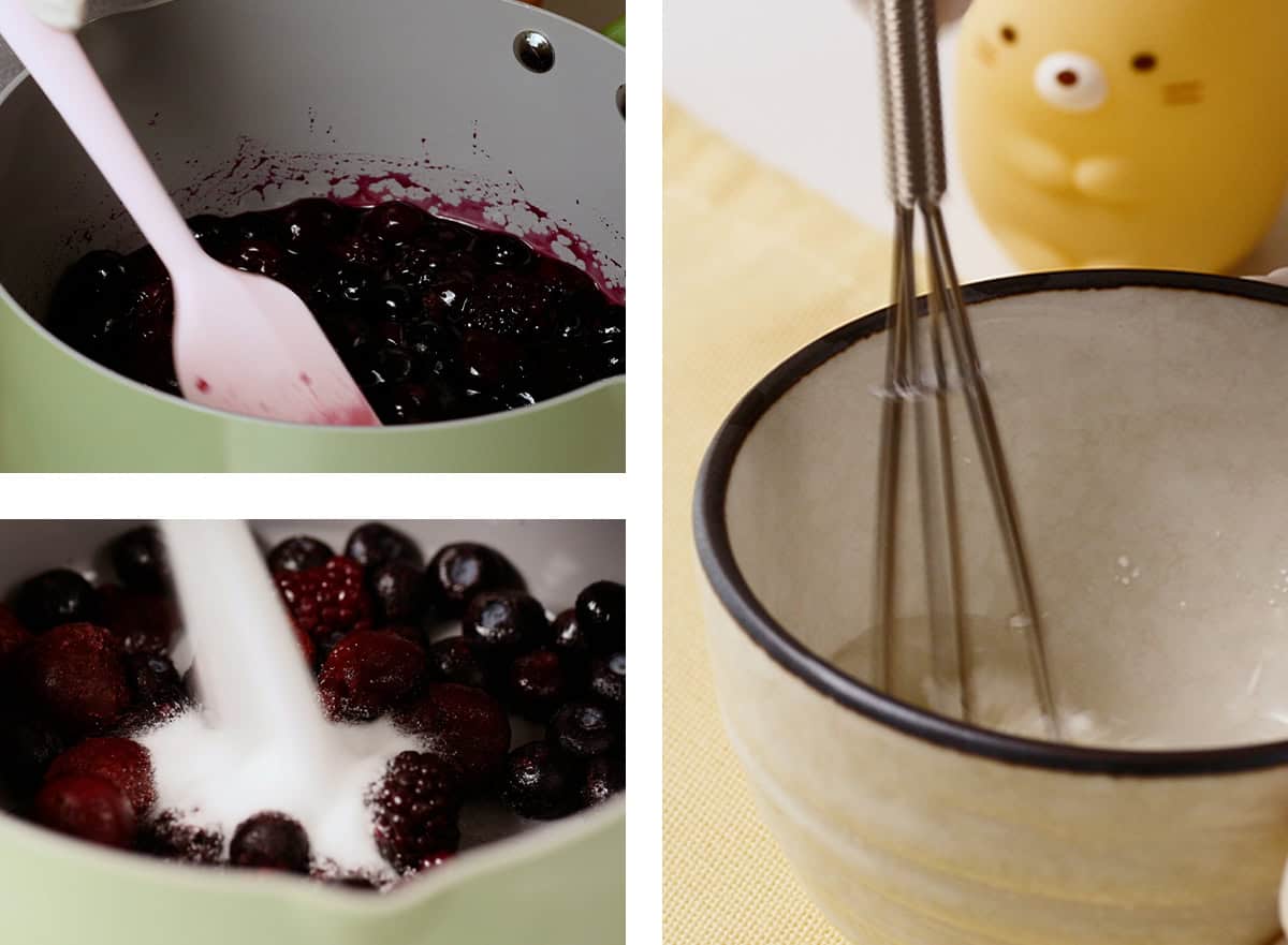 Berries are being heated in a pan and sugar is being added. Cornstarch is being mixed with water in a small cup. 