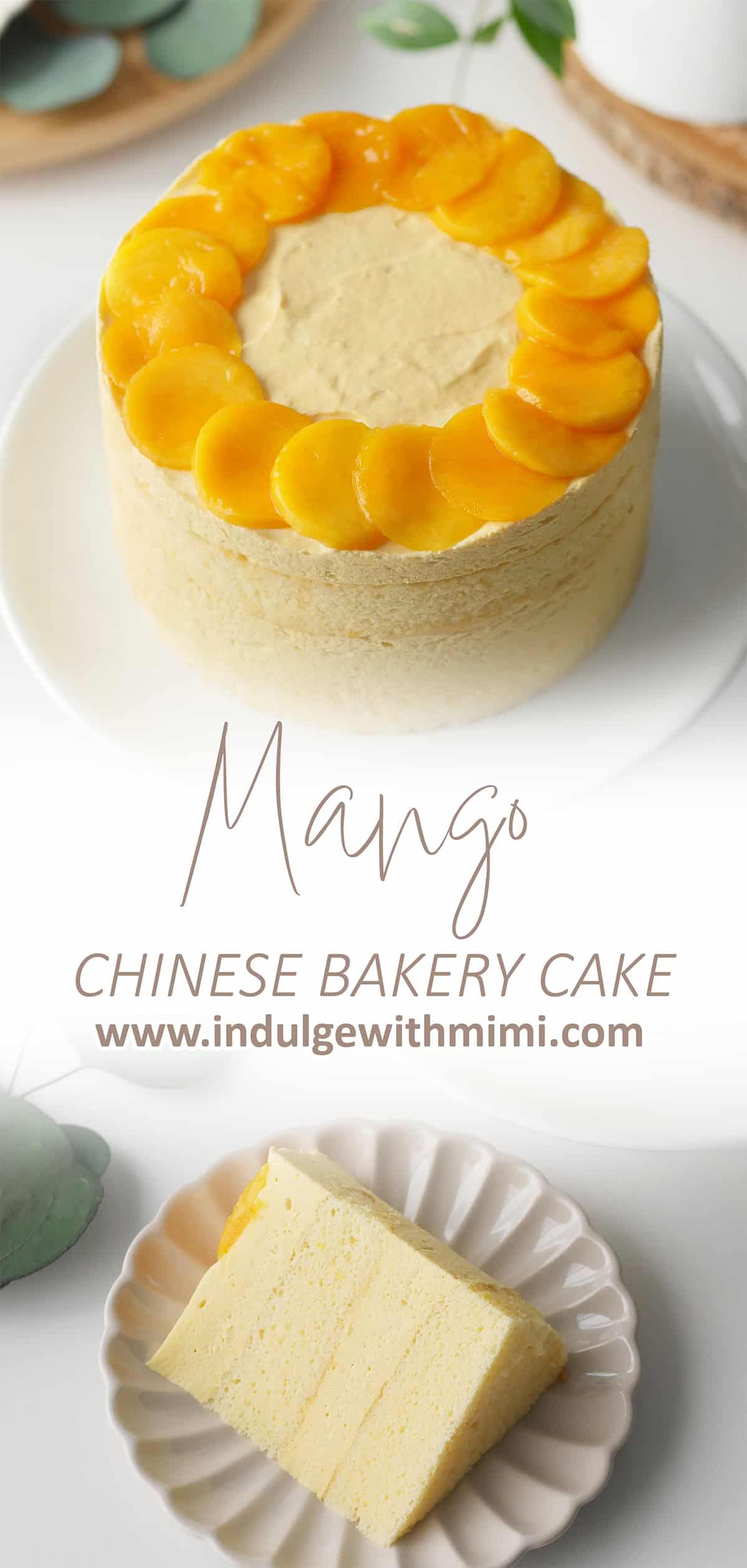 Whole Mango Mousse cake is perched on a cake stand, it is topped with glossy slices of ripe mangos.