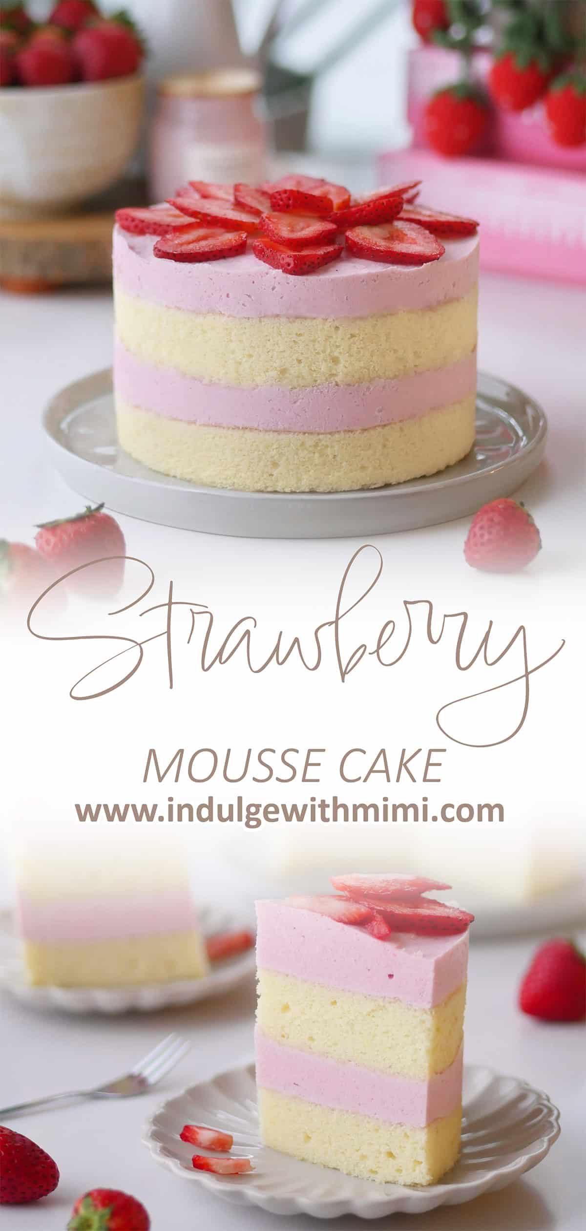 Side view of a whole strawberry mousse cake resting on a table with some fresh strawberries on the side.
