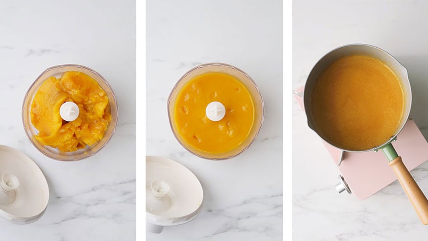 A series of 3 photos showing the process of making mango puree: mango chunks shown in a food processor, pulverized mango puree shown in a food processor, mango puree is shown being heated in a pan over a stove. 