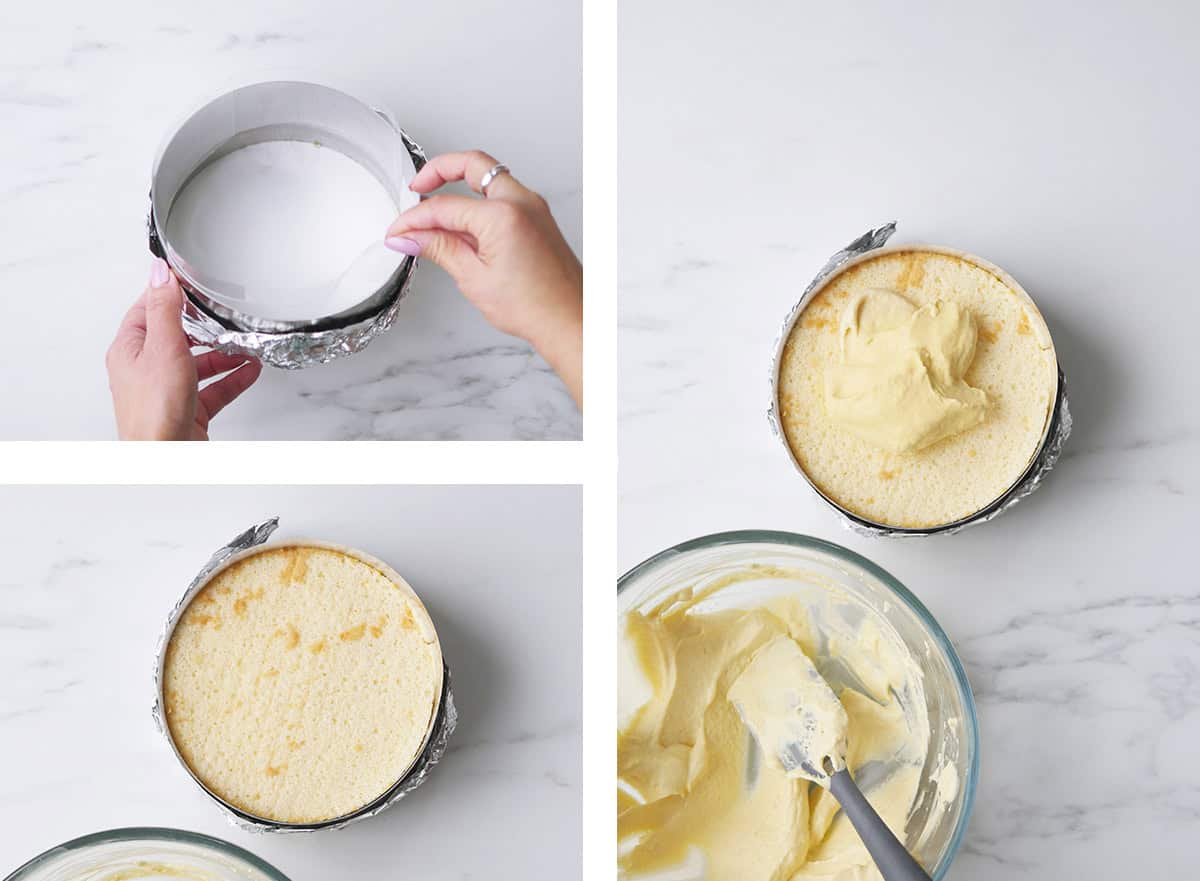 A series of photos showing the assembly of the layers of  cake and mango mousse inside the cake ring that is lined with acetate. 