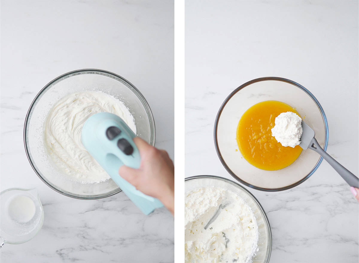 Cream is being whipped in a bowl with a handheld mixer. In the next photo, a spoonful of whipped cream is being folded into the mango puree. 