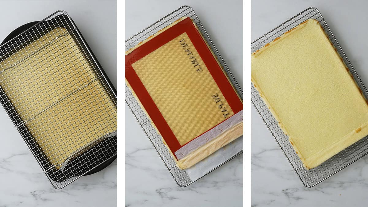 Photos showing the sheet cake still inside the pan with a cooling rack on top, then the cake is flipped over revealing the other side of the sheet cake. 