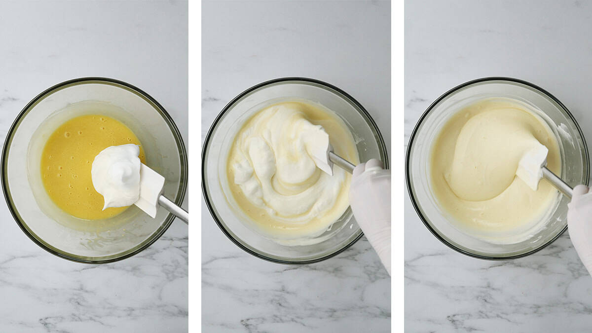 A series of three photos showing the stages in folding meringue into the cake batter. At the end, the batter looks fluffy and thick. 