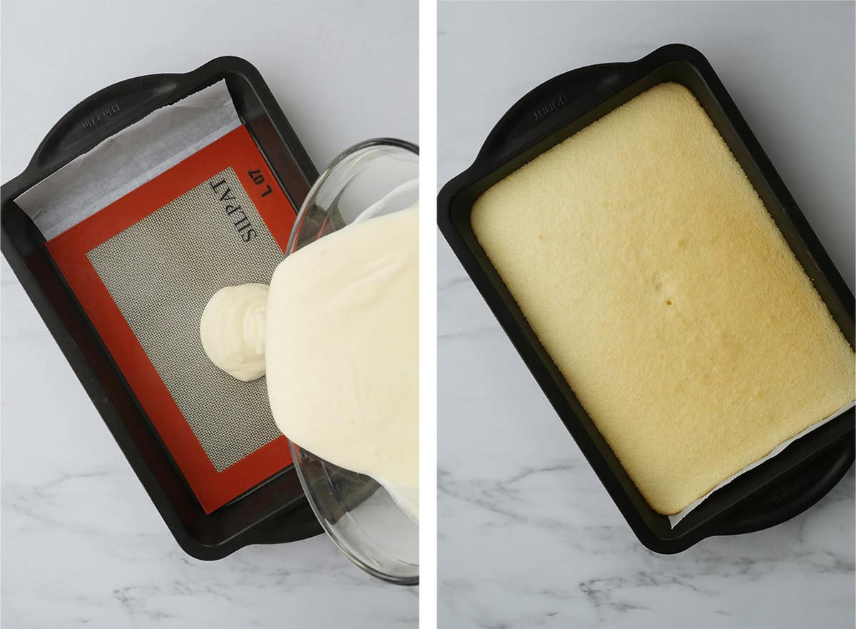 Cake roll batter being poured into a sheet cake pan. 