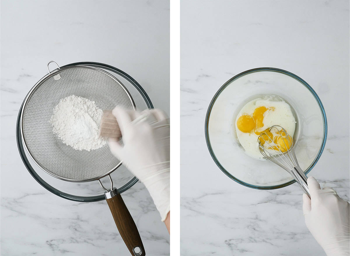 Flour is being sifted into a clear bowl. In the next photo, the wet ingredients are being mixed together in a big bowl. 