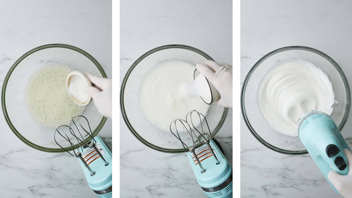 A series of three photos showing the stages in making meringue. The egg whites start off yellow and foamy and progresses to white and voluminous after adding cream of tartar and sugar. 