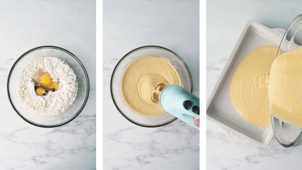Three process pictures are shown: bowl with wet dry ingredients together, a handheld mixer is beating the cake batter which is now homogenous, and the batter is being poured into a cake pan. 