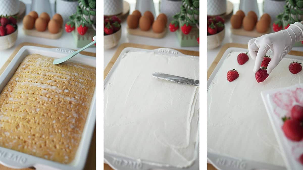 A series of 3 process photos are shown: a spatula is pulling the milk soak to the rest of the cake, an angled spatula is smoothing and levelling the frosting, and fresh strawberries are being laid out on top of the cake. 