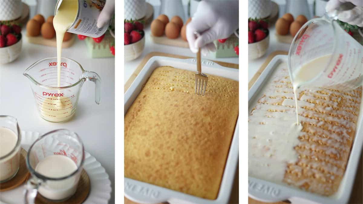 A series of  three process photos: condensed milk is being poured into a measuring cup flanked by other cups filled with evaporated milk and cream, a fork is being poked into a sheet cake, and milk is being poured onto the top of the cake.