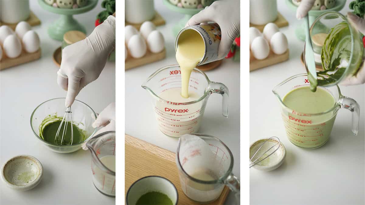 A set of 3 process photos are shown: Matcha powder being whisked into a thick paste; milk being poured into a measuring cup; and Matcha paste being introduced into milk mixture.