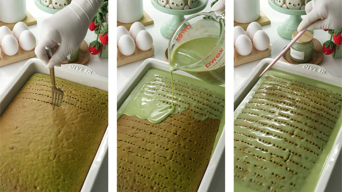 A set of 3 process shots are shown: a fork poking holes into the Matcha cake; Matcha milk being poured onto the cake; and a spatula guiding the milk to other areas of the cake to prevent pooling.