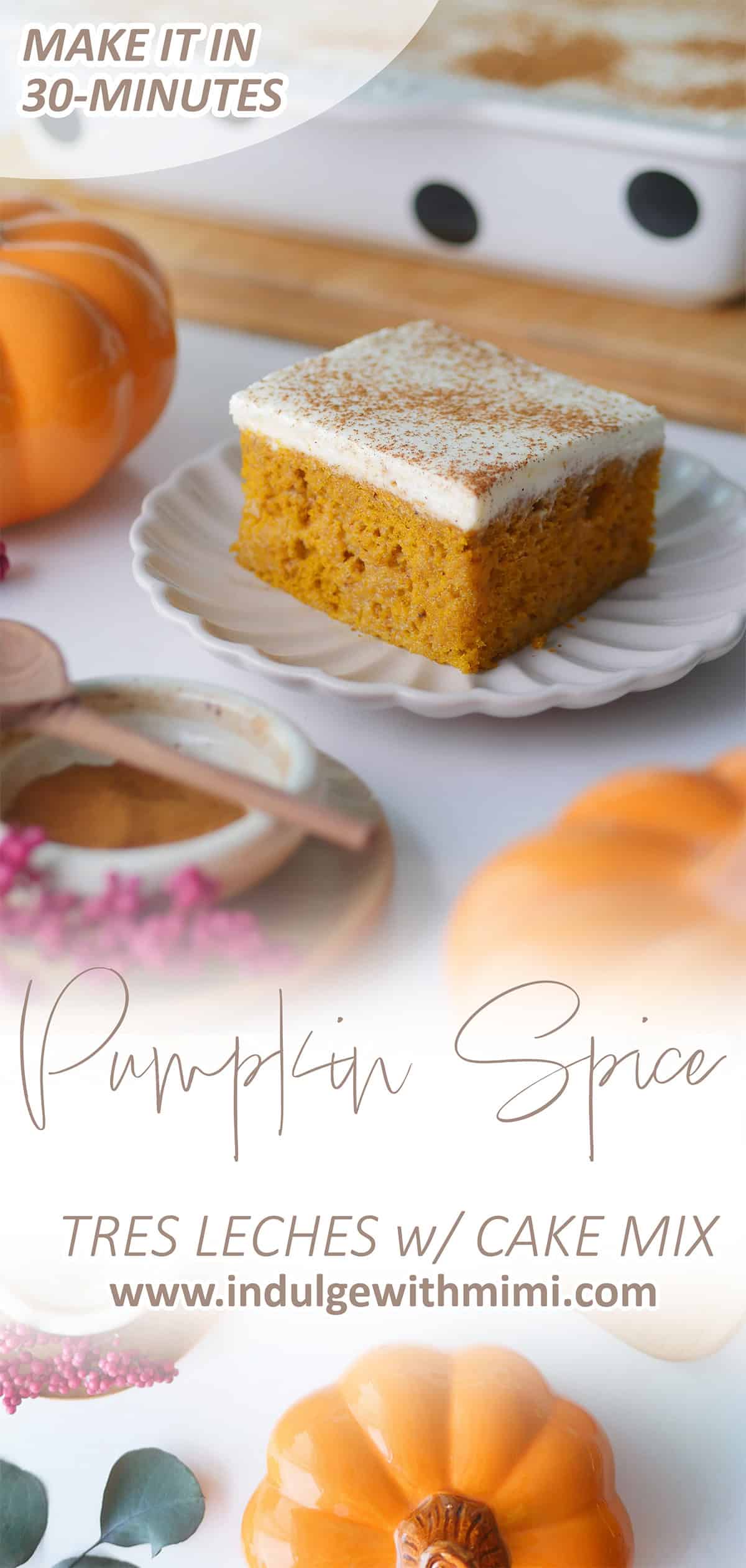 A slice of pumpkin spice Tres Leches cake sits on a plate with a pan of pumpkin sheet cake in the background. 