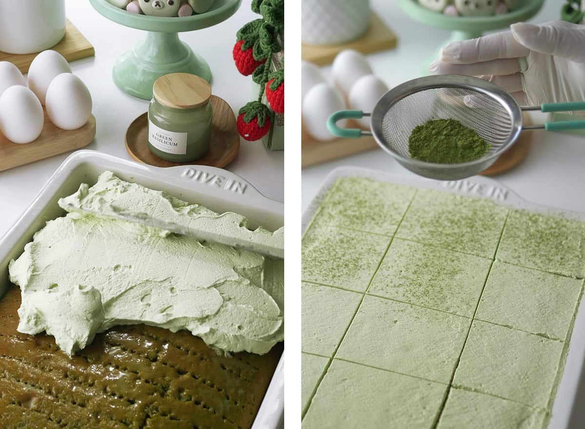 2 process shots are shown: angled spatula spreading Matcha whipped cream onto the cake; Matcha powder being dusted onto the evenly flat surface of the Matcha Tres Leches.