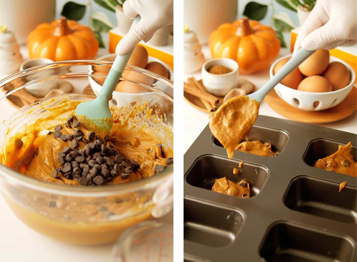 2 process shots are shown: chocolate chips being folded into the pumpkin batter; and pumpkin batter being spooned into the loaf pans. 