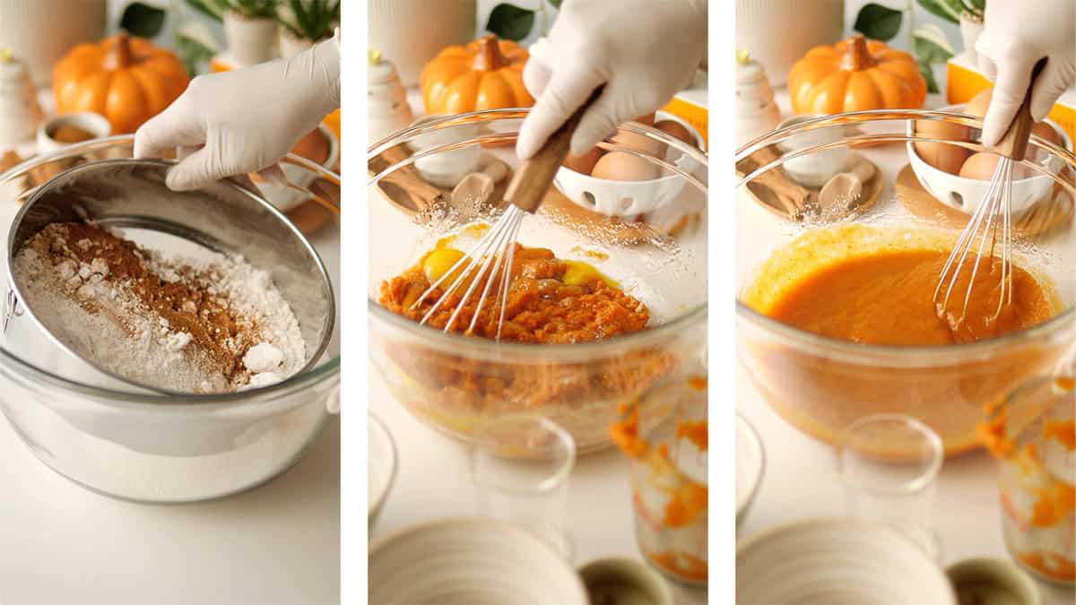 3 process shots showing: dry ingredients being sifted; wet ingredients being stirred; and final results of incorporated wet ingredients. 