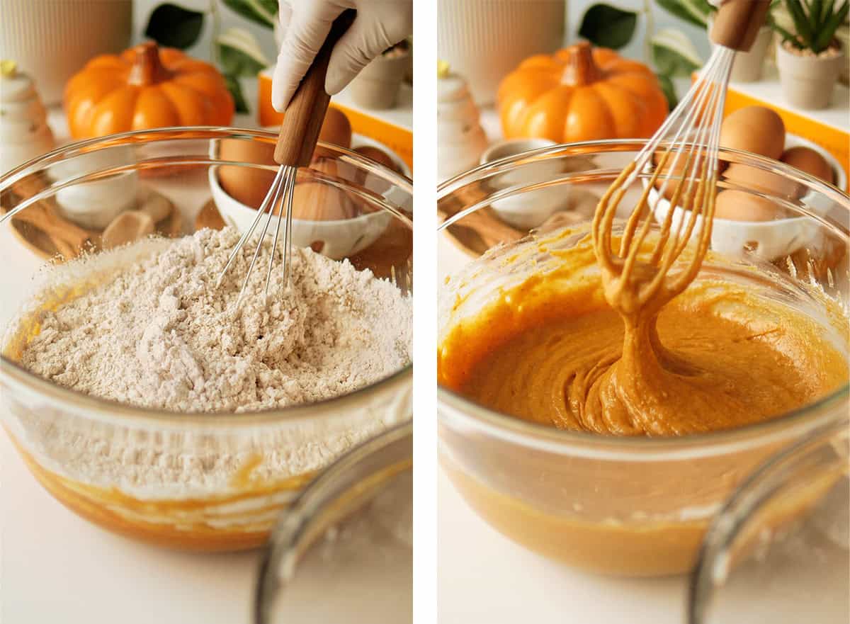 2 process shorts are shown:  dry ingredients being added into the wet mix; and the end result of a fully incorporated pumpkin cake batter that is thick and shiny without traces of flour, 