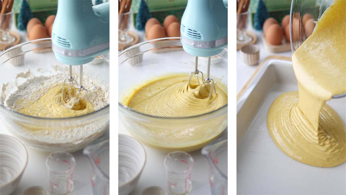 3 process shots are shown: a golden colored gingerbread spice tres leches batter is being beaten and then poured inside a cake pan.
