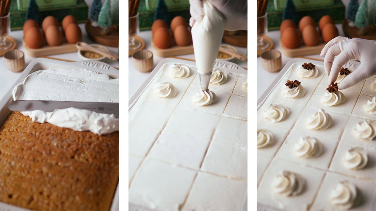 A series of 3 process photos are shown: an angled spatula smoothing out frosting on the gingerbread cake; whipped cream being piped onto the cake in a swirl pattern; and star anise being added onto the tops of the whipped cream swirls as decoration.