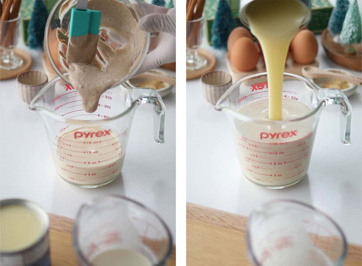 The thick paste is being added into a measuring cup already filled with evaporated milk and cream. In the next photo more condensed milk is being added to the cup.